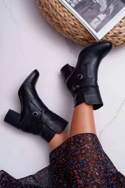 Botki Na Słupku|Botki Zimowe Damskie>Laura Messi Botki Damskie Skórzane Wsuwane Czarne 1820