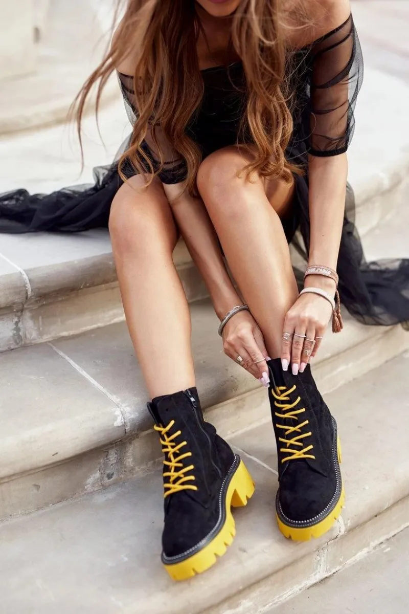 Sale Boto Botki Damskie Trapery Czarne Żółte Zamszowe Malawi