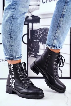 Damskie Trapery|Botki Sznurowane>Buty damskie Vinceza Botki Damskie Trapery Czarne Verso