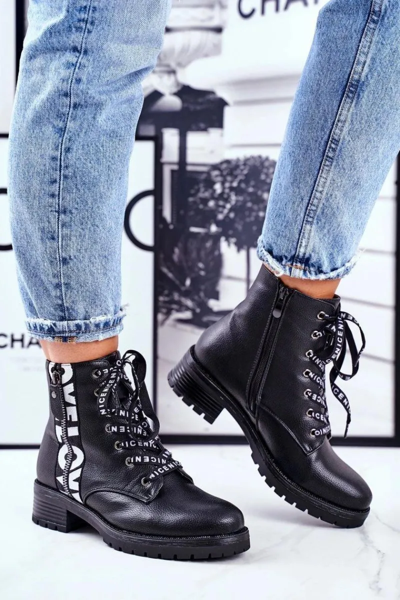 Damskie Trapery|Botki Sznurowane>Buty damskie Vinceza Botki Damskie Trapery Czarne Verso