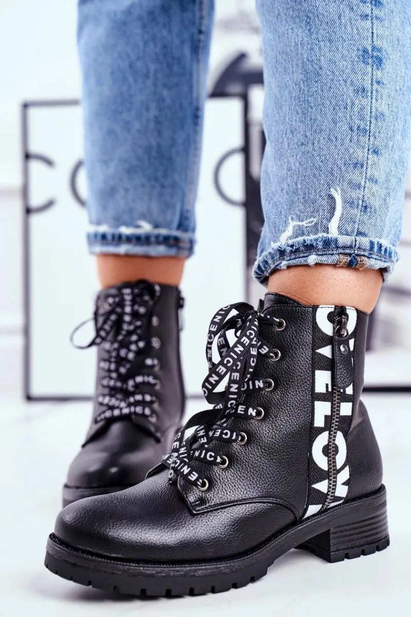 Damskie Trapery|Botki Sznurowane>Buty damskie Vinceza Botki Damskie Trapery Czarne Verso