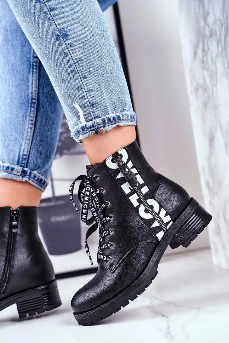 Damskie Trapery|Botki Sznurowane>Buty damskie Vinceza Botki Damskie Trapery Czarne Verso