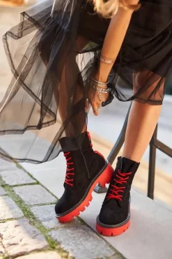 Clearance Botki Damskie Trapery Czarne Czerwone Zamszowe Malawi Damskie Damskie Trapery|Botki Sznurowane