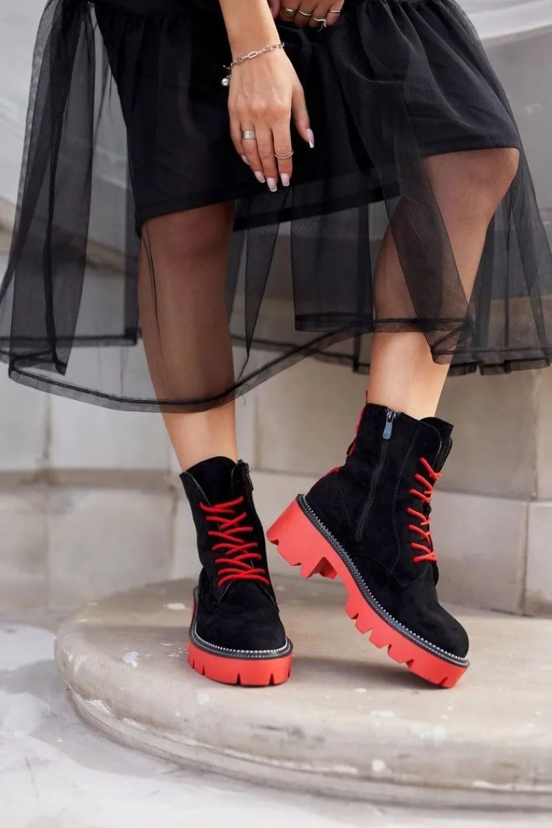 Clearance Botki Damskie Trapery Czarne Czerwone Zamszowe Malawi Damskie Damskie Trapery|Botki Sznurowane