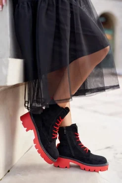 Clearance Botki Damskie Trapery Czarne Czerwone Zamszowe Malawi Damskie Damskie Trapery|Botki Sznurowane