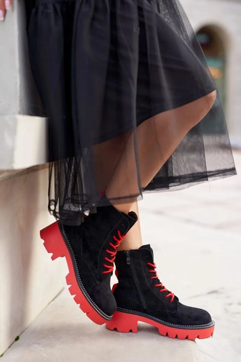 Clearance Botki Damskie Trapery Czarne Czerwone Zamszowe Malawi Damskie Damskie Trapery|Botki Sznurowane