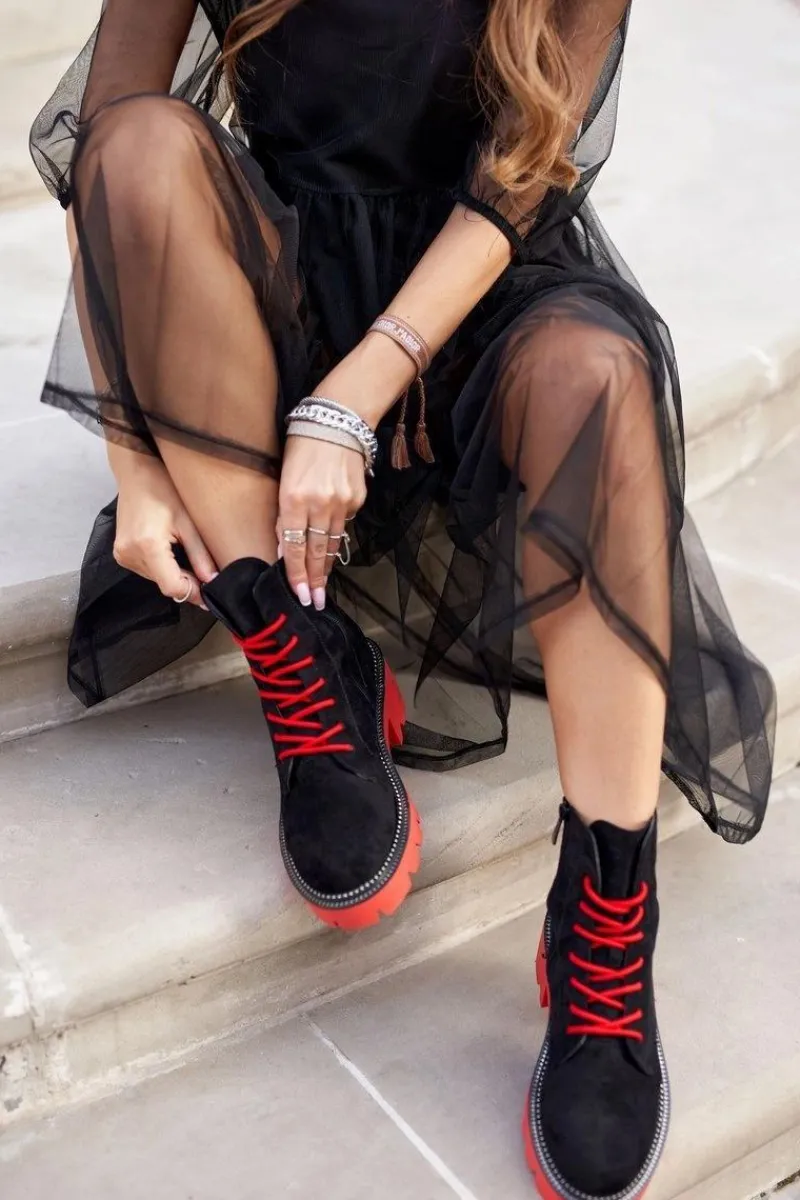 Clearance Botki Damskie Trapery Czarne Czerwone Zamszowe Malawi Damskie Damskie Trapery|Botki Sznurowane