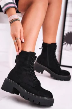 Damskie Trapery|Botki Sznurowane>Boto Botki Damskie Trapery Czarne Zamszowe Malawi