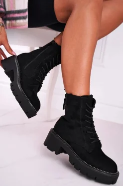 Damskie Trapery|Botki Sznurowane>Boto Botki Damskie Trapery Czarne Zamszowe Malawi