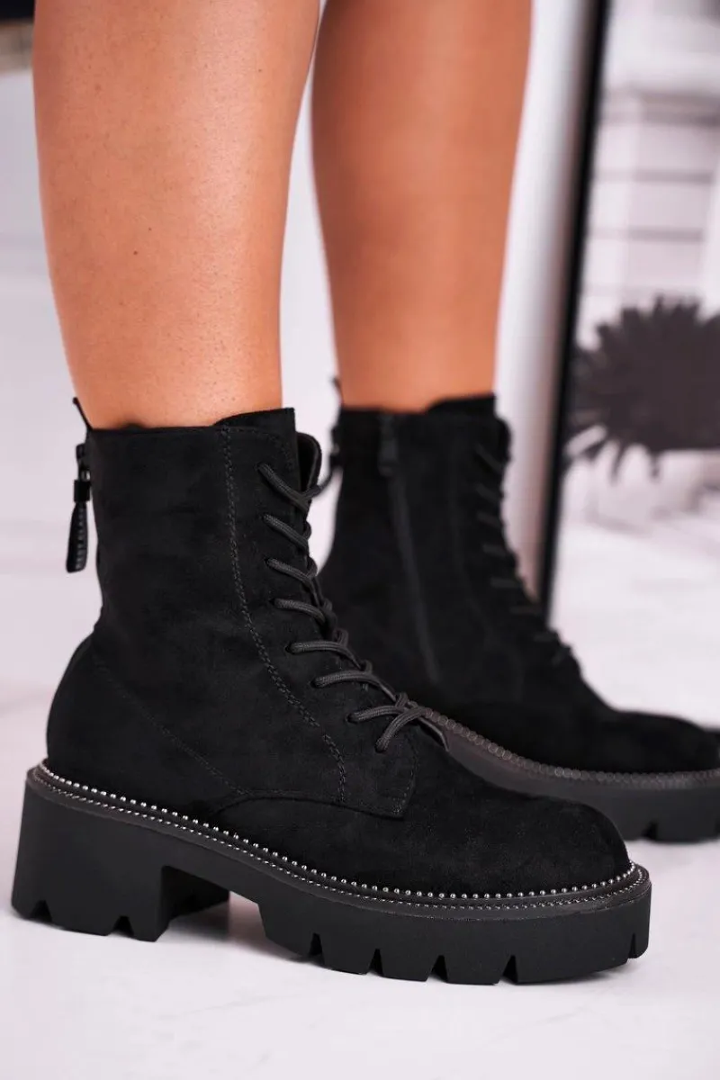 Damskie Trapery|Botki Sznurowane>Boto Botki Damskie Trapery Czarne Zamszowe Malawi