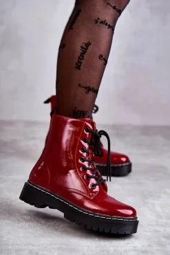 Botki Damskie Trapery Czerwone Kognito Damskie Damskie Trapery|Botki Sznurowane