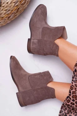 New Botki Damskie Ukryty Koturn Płaski Obcas Cappuccino Ciemne Nicole 2419 Damskie Botki Na Koturnie|Brązowe I Beżowe Botki