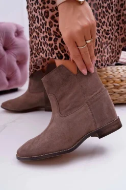 New Botki Damskie Ukryty Koturn Płaski Obcas Cappuccino Ciemne Nicole 2419 Damskie Botki Na Koturnie|Brązowe I Beżowe Botki