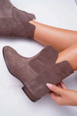 New Botki Damskie Ukryty Koturn Płaski Obcas Cappuccino Ciemne Nicole 2419 Damskie Botki Na Koturnie|Brązowe I Beżowe Botki