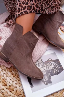 New Botki Damskie Ukryty Koturn Płaski Obcas Cappuccino Ciemne Nicole 2419 Damskie Botki Na Koturnie|Brązowe I Beżowe Botki