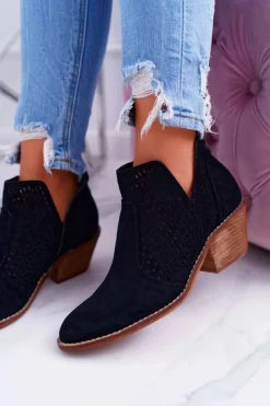 Outlet Botki Damskie Wiosenne Kowbojki Czarne Matty Damskie Botki Wiosenne|Botki Na Obcasie