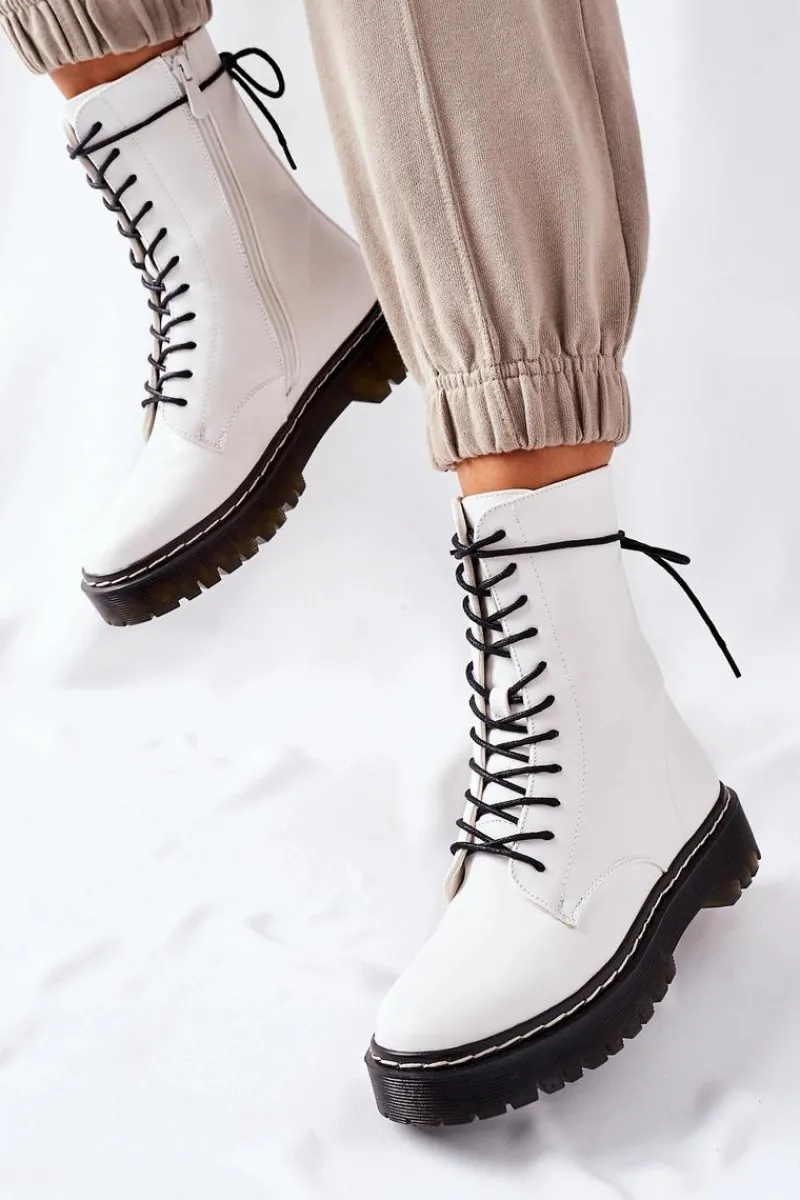 Damskie Trapery|Botki Sznurowane>Damskie buty S.Barski Botki Damskie Workery Białe Corydon