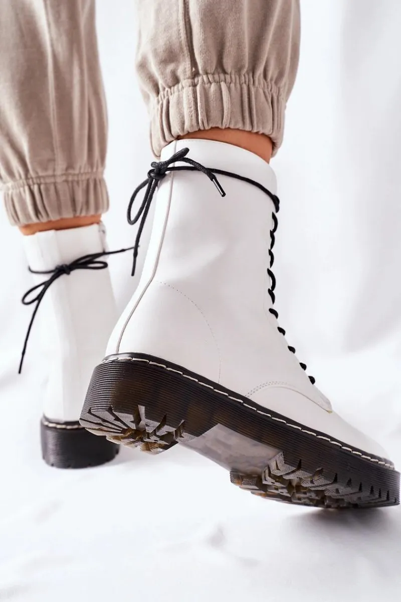 Damskie Trapery|Botki Sznurowane>Damskie buty S.Barski Botki Damskie Workery Białe Corydon