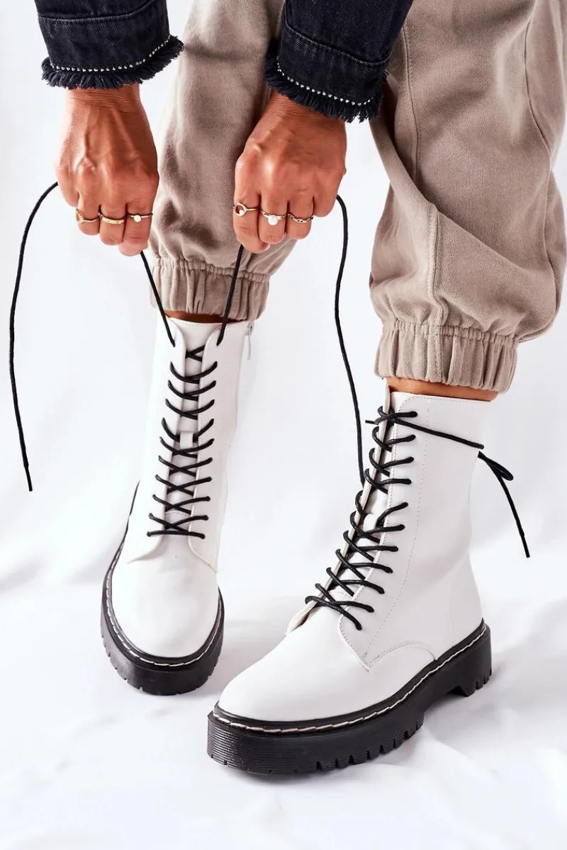 Damskie Trapery|Botki Sznurowane>Damskie buty S.Barski Botki Damskie Workery Białe Corydon