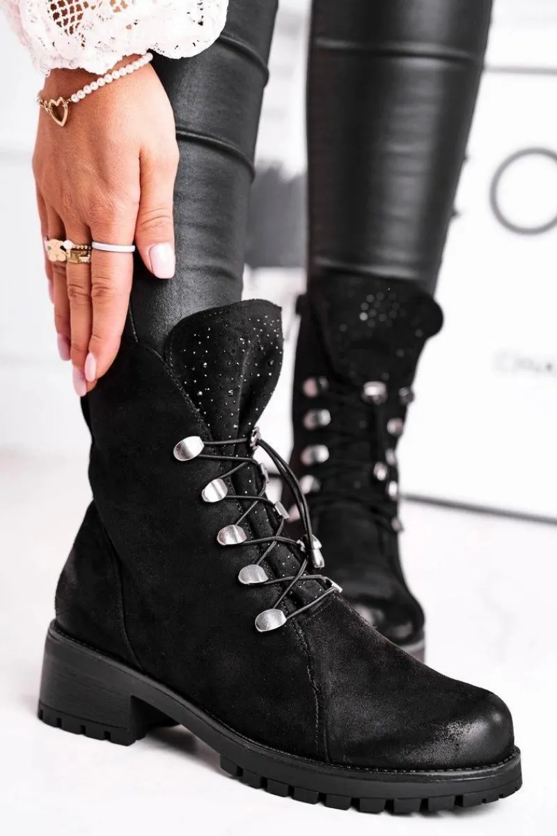 Botki Sznurowane|Czarne Botki>Damskie buty S.Barski Botki Damskie Workery Ciepłe Czarne Bipper