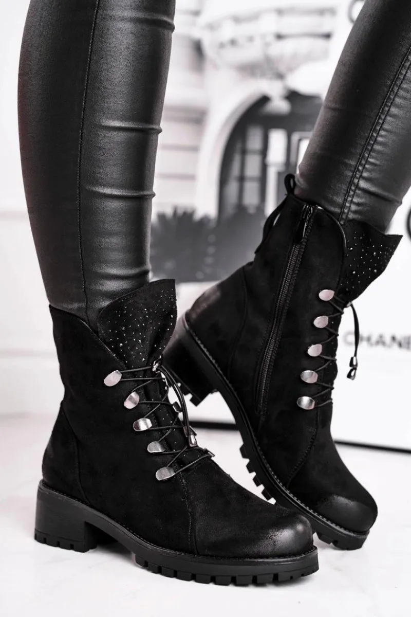 Botki Sznurowane|Czarne Botki>Damskie buty S.Barski Botki Damskie Workery Ciepłe Czarne Bipper