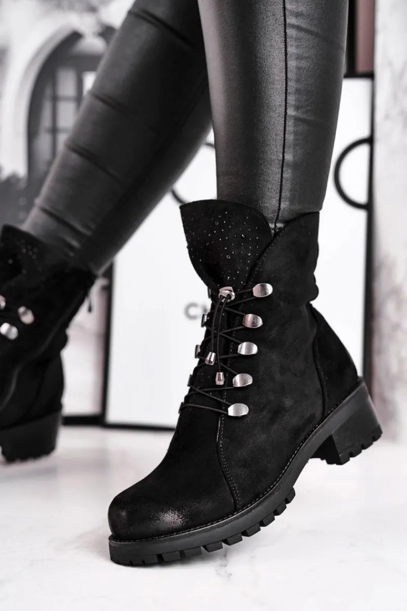 Botki Sznurowane|Czarne Botki>Damskie buty S.Barski Botki Damskie Workery Ciepłe Czarne Bipper