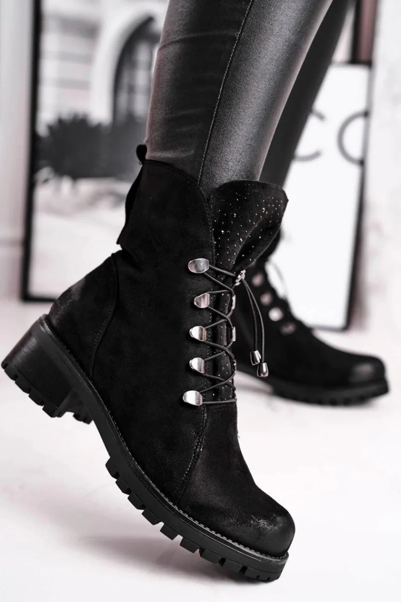 Botki Sznurowane|Czarne Botki>Damskie buty S.Barski Botki Damskie Workery Ciepłe Czarne Bipper