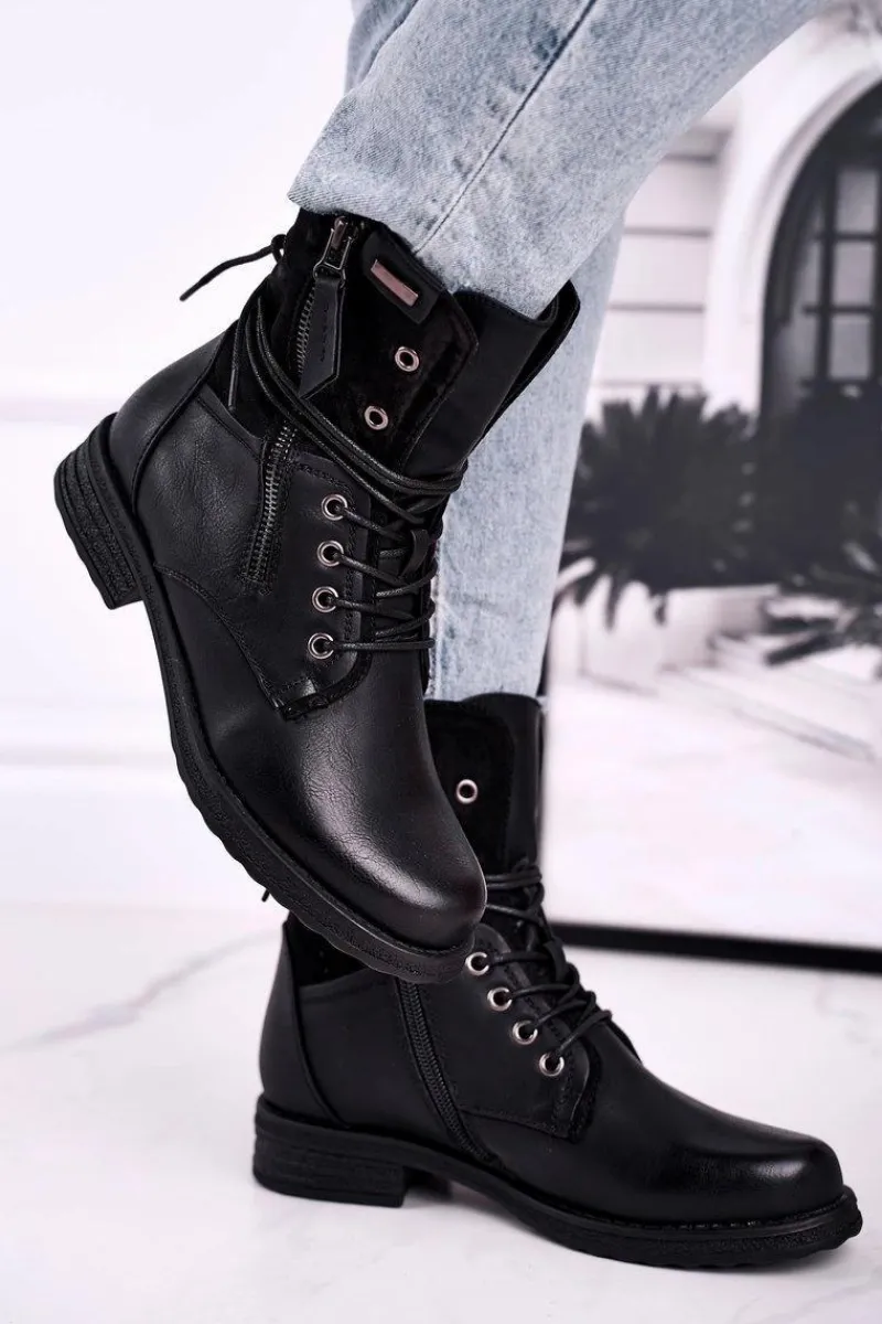 Botki Ocieplane|Botki Sznurowane>Evento Botki Damskie Workery Czarne Perfecto Czarny