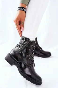 Online Botki Damskie Workery Lakierowane Czarne Goorey Damskie Botki Sznurowane|Czarne Botki