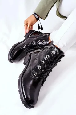 Online Botki Damskie Workery Lakierowane Czarne Goorey Damskie Botki Sznurowane|Czarne Botki