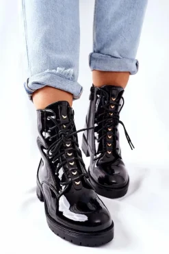 Botki Sznurowane|Czarne Botki>Damskie buty S.Barski Botki Damskie Workery Lakierowane Czarne Maniana