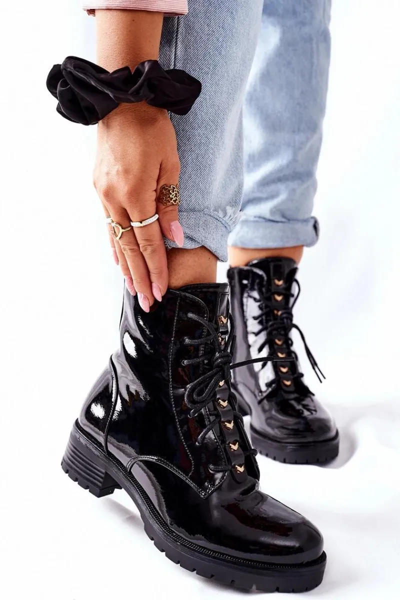 Botki Sznurowane|Czarne Botki>Damskie buty S.Barski Botki Damskie Workery Lakierowane Czarne Maniana