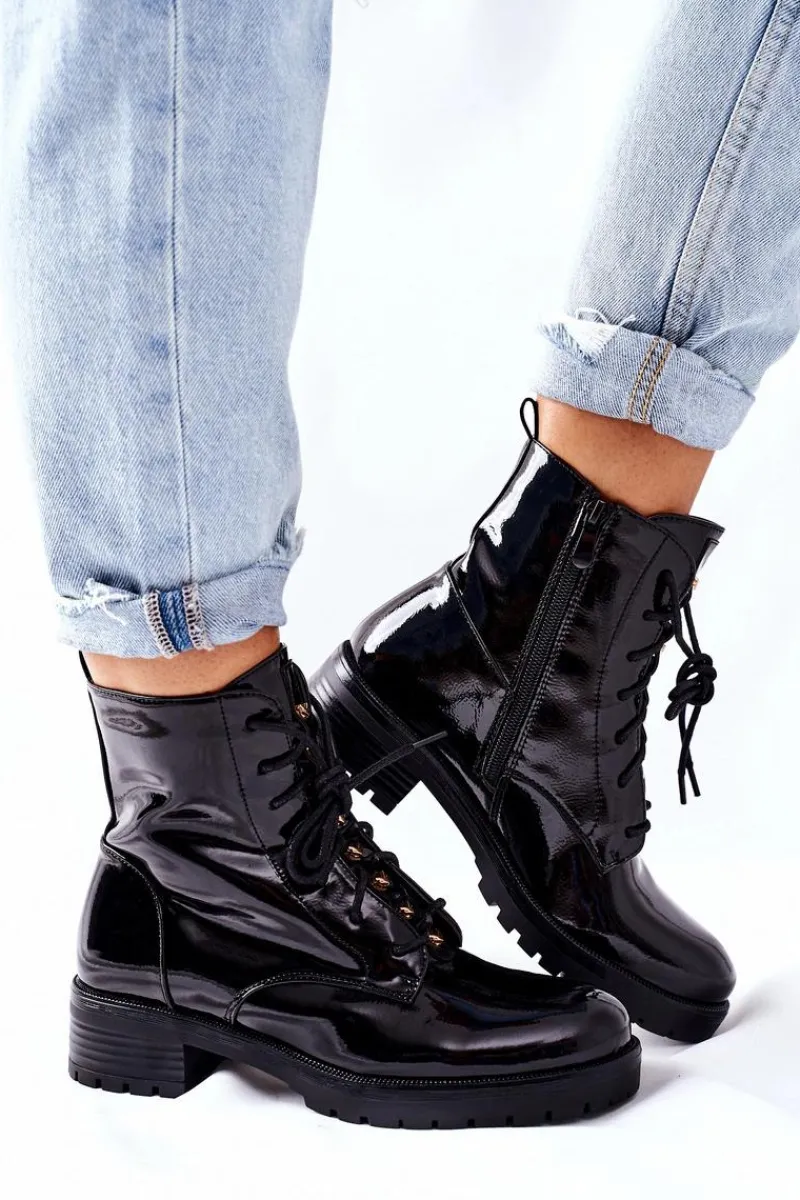 Botki Sznurowane|Czarne Botki>Damskie buty S.Barski Botki Damskie Workery Lakierowane Czarne Maniana