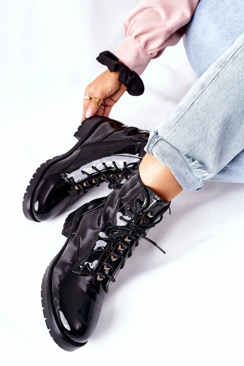 Botki Sznurowane|Czarne Botki>Damskie buty S.Barski Botki Damskie Workery Lakierowane Czarne Maniana