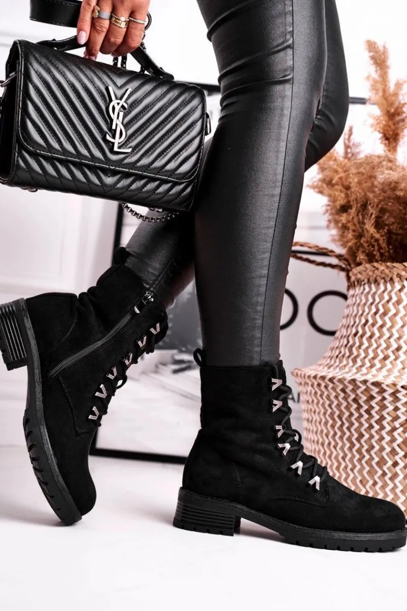 Online Botki Damskie Workery Livy Czarne Damskie Botki Sznurowane|Czarne Botki