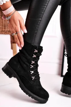 Online Botki Damskie Workery Livy Czarne Damskie Botki Sznurowane|Czarne Botki