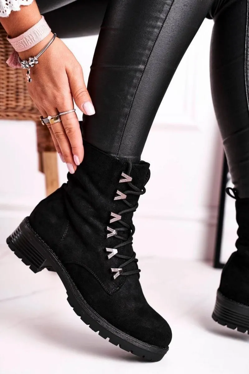 Online Botki Damskie Workery Livy Czarne Damskie Botki Sznurowane|Czarne Botki