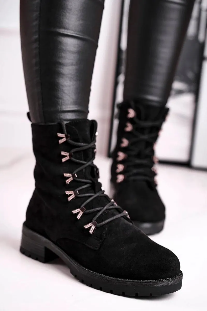 Online Botki Damskie Workery Livy Czarne Damskie Botki Sznurowane|Czarne Botki