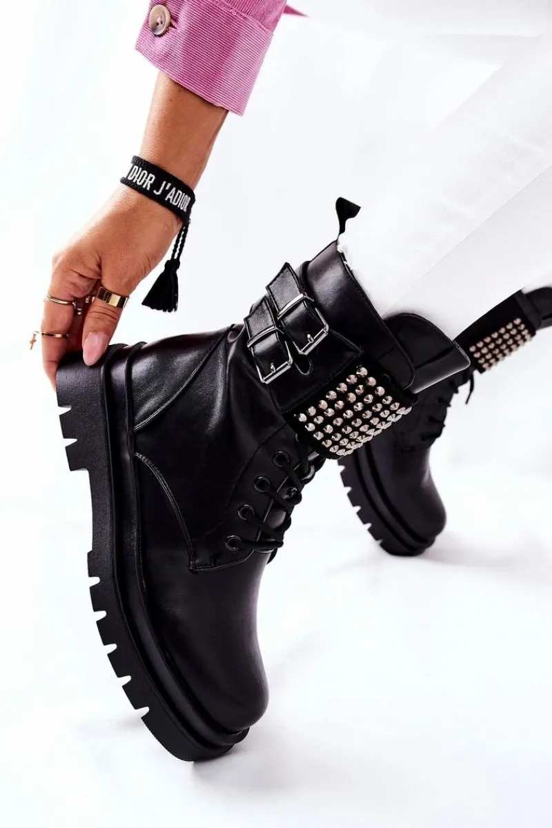 Botki Sznurowane|Czarne Botki>Evento Botki Damskie Workery Z Ćwiekami Czarne Eveis