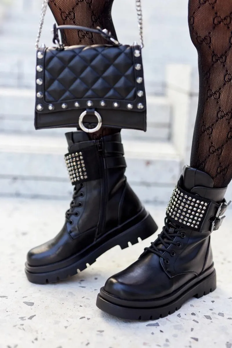 Botki Sznurowane|Czarne Botki>Evento Botki Damskie Workery Z Ćwiekami Czarne Eveis