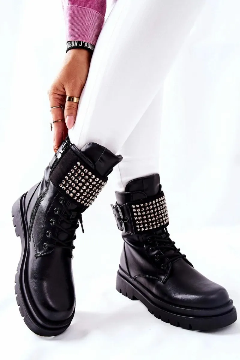 Botki Sznurowane|Czarne Botki>Evento Botki Damskie Workery Z Ćwiekami Czarne Eveis