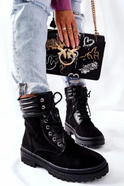 Outlet Boto Botki Damskie Workery Zamszowe Czarne Deliopis