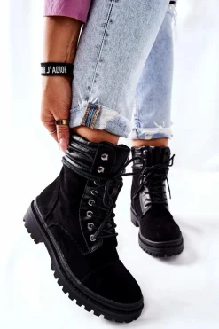 Outlet Boto Botki Damskie Workery Zamszowe Czarne Deliopis