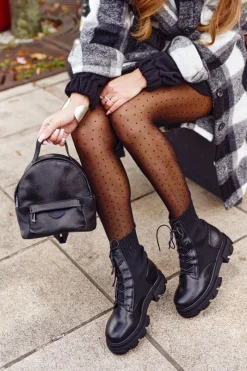 Botki Sznurowane|Czarne Botki></noscript>Damskie buty S.Barski Botki Damskie Workery Ze Skarpetą Sznurowane Czarne My Need