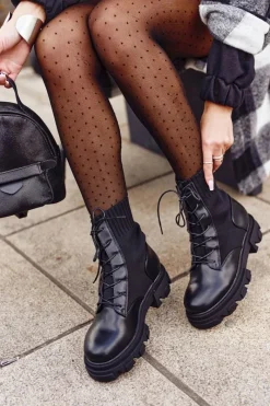 Botki Sznurowane|Czarne Botki></noscript>Damskie buty S.Barski Botki Damskie Workery Ze Skarpetą Sznurowane Czarne My Need