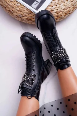 Botki Damskie Wysokie Rock Z Klapą Czarne Infinity Damskie Botki Sznurowane|Botki Na Słupku