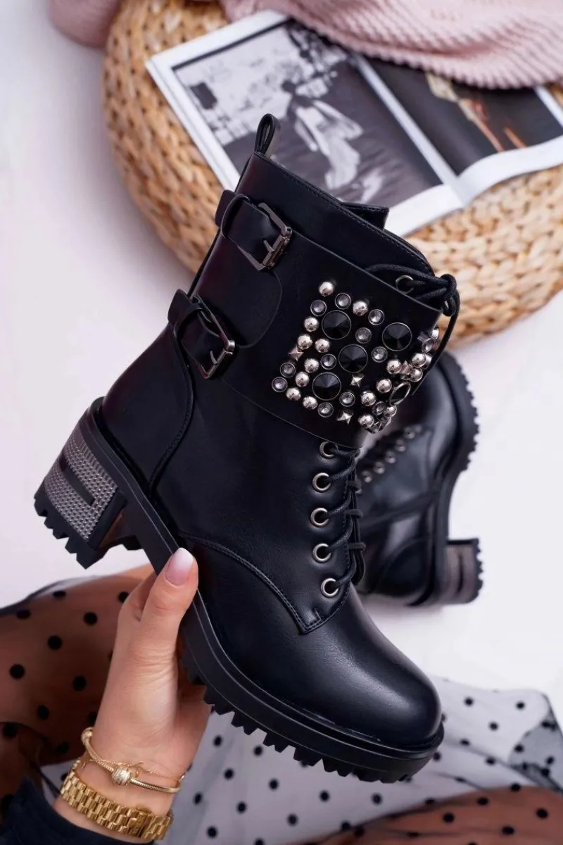 Botki Damskie Wysokie Rock Z Klapą Czarne Infinity Damskie Botki Sznurowane|Botki Na Słupku