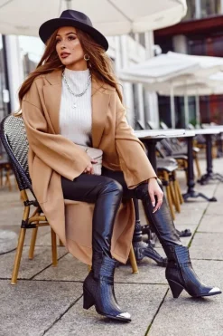 Best Boto Botki Damskie Wysokie Stalowy Nosek Print Czarne Eternally