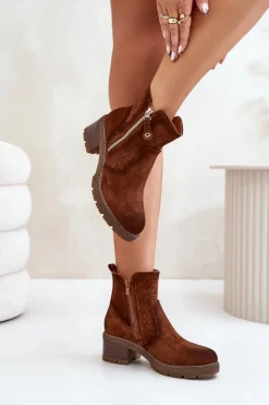 Best Botki Damskie Z Ażurowym Wzorem Na Obcasie Brązowe Oviria Damskie Botki Na Słupku|Botki Ażurowe