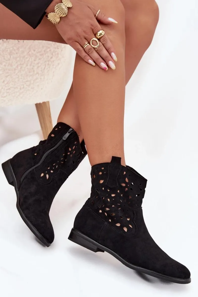 Botki Ażurowe|Botki Płaskie>Boto Botki Damskie Z Ażurowym Wzorem Na Płaskim Obcasie Eko Zamszowe Czarne Athera